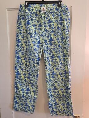 Lounge Pants Lime Green and Royal Blue Tropical Print Size Large